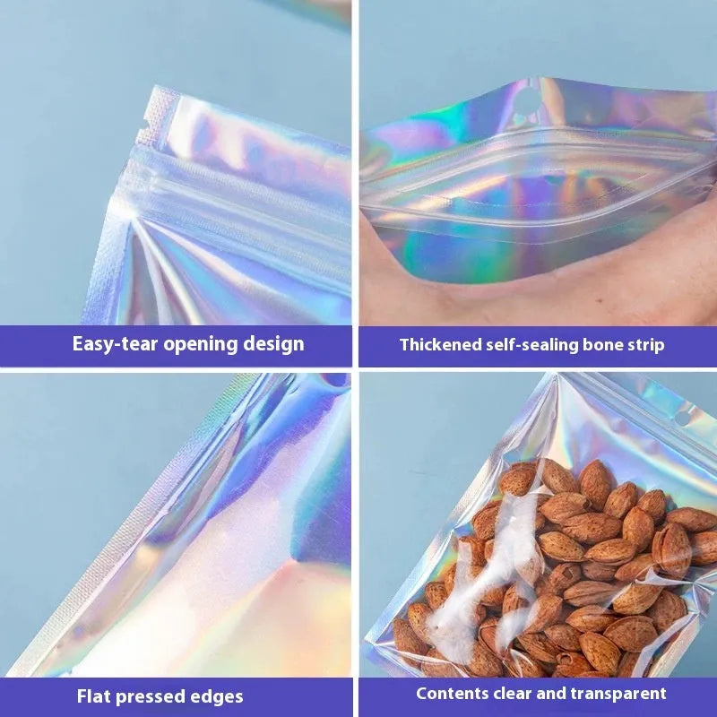 Holographic silver foil ziplock bag with colourful yin yang laser film pattern in 10.5x15cm size