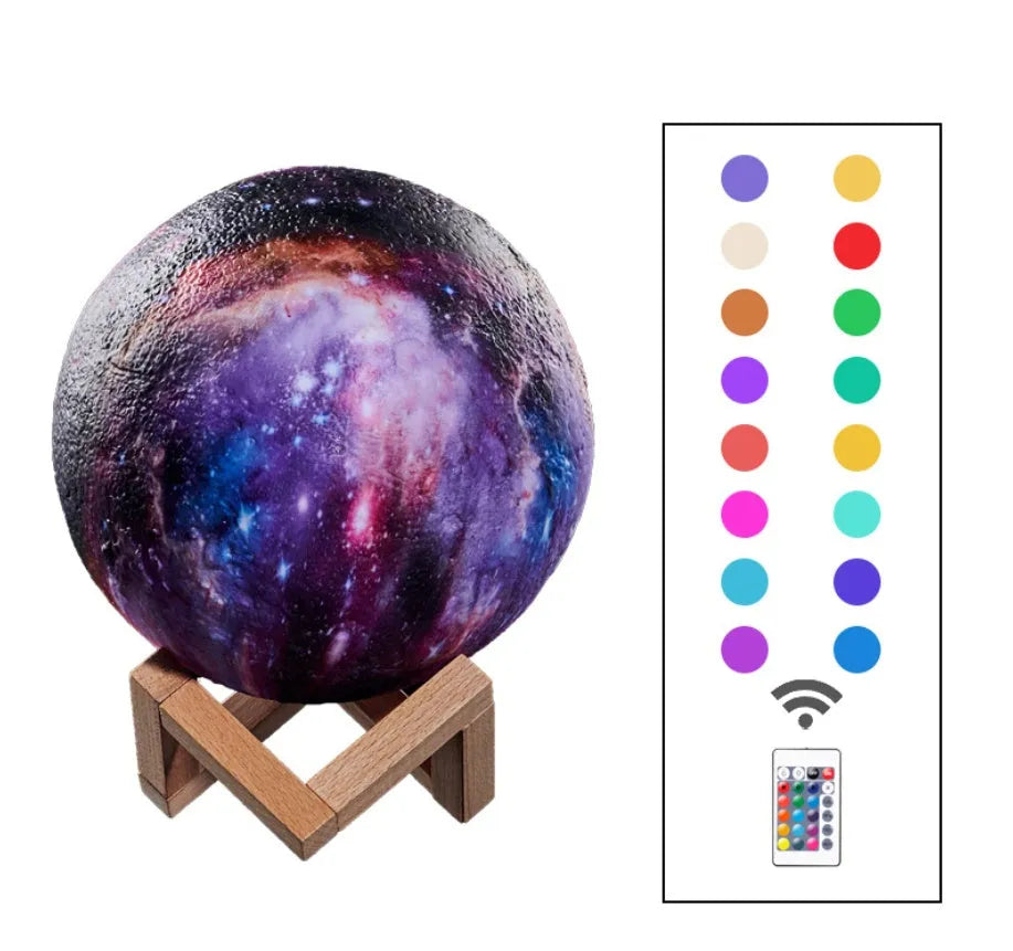 3D-printed sphere lunar night light on a base with a remote control.
