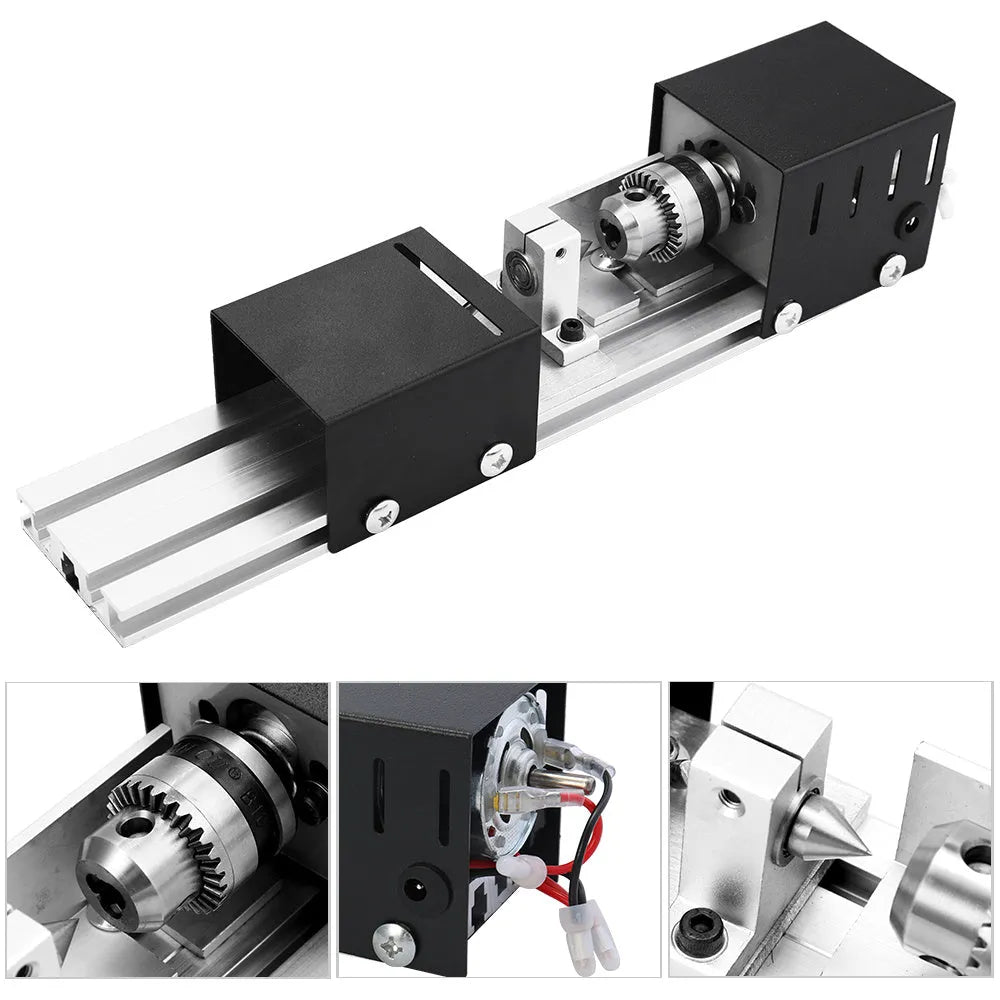 Mini woodworking lathe manual benchtop silver metal construction 320x70x70mm with carving knives