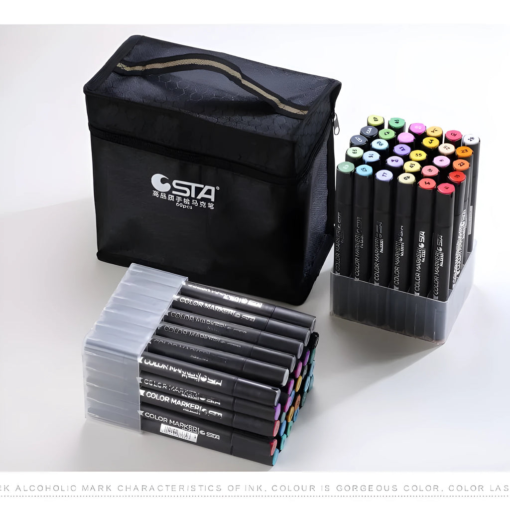Set of double-headed alcohol oily colour markers with round and inclined nibs for professional art and design work.