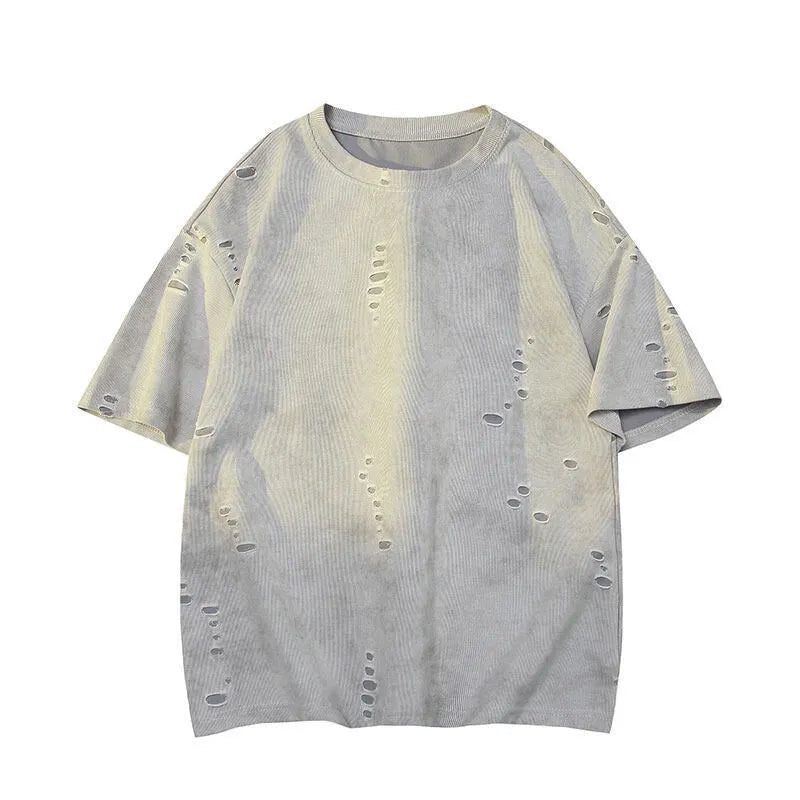 Men's loose fit short sleeve T-shirt with ripped detailing in cotton blend fabric