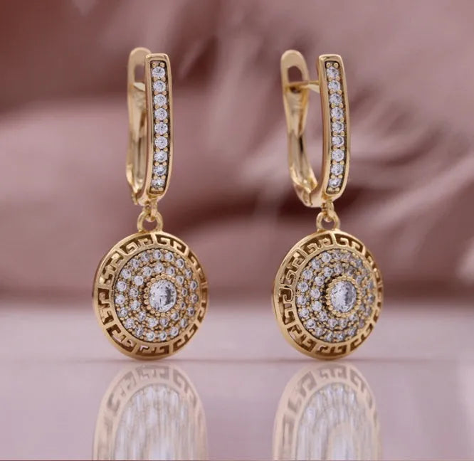 Full diamond round earrings champagne gold plated on copper for women geometric European-American style