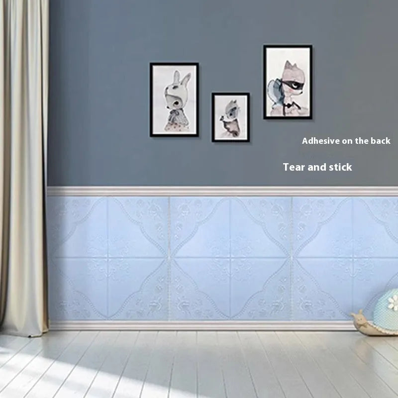Square light blue plants and flowers pattern foam wall sticker with three-dimensional design, 70cm wide.