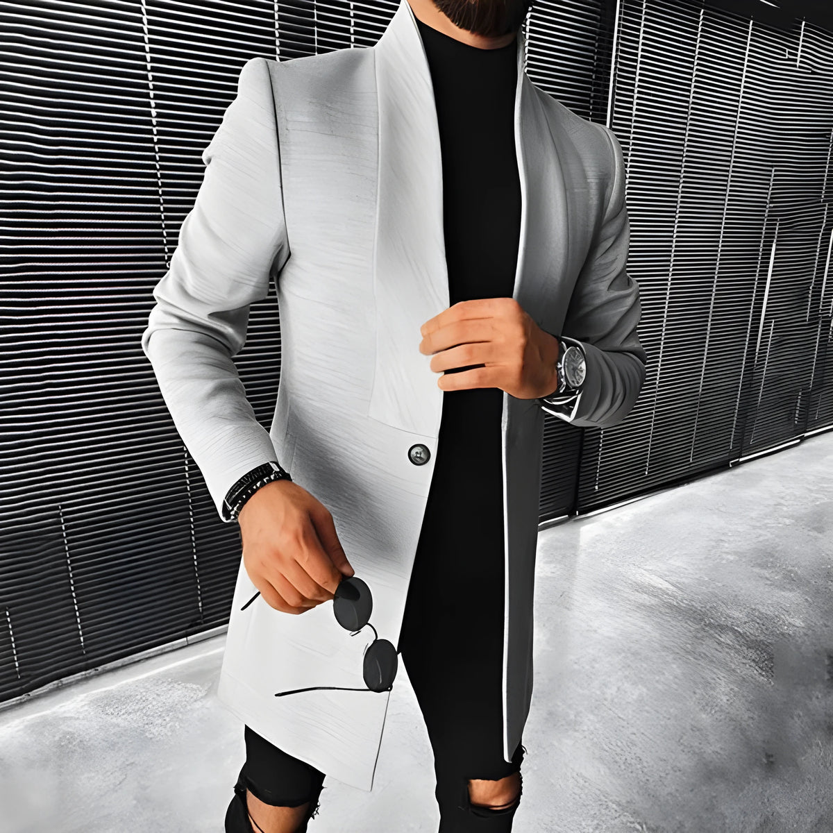 Grey men's stand-up collar mid-length woolen coat on model