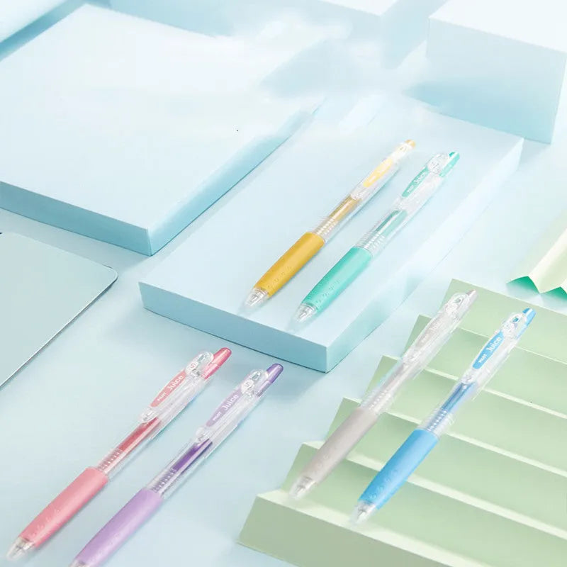 Direct Juice Baiguole 0.5mm gel pen showing metallic, tender, and conventional colour collections