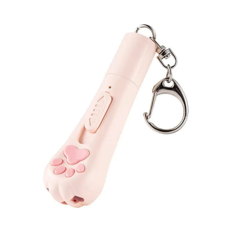 USB-rechargeable cat teaser wand with LED light and colourful feather in sky blue colour