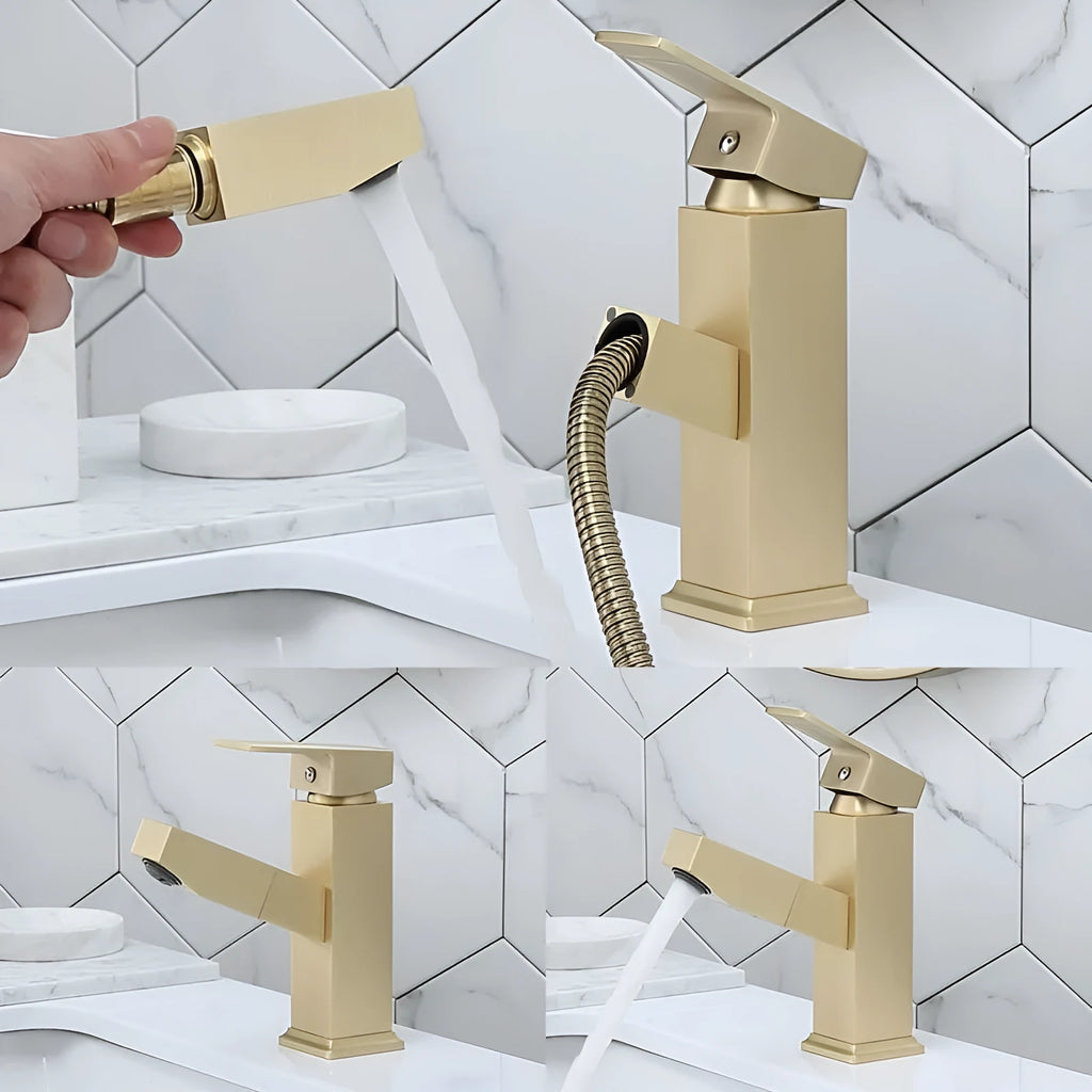 Square handle brushed gold pull faucet with brass construction on a sink.