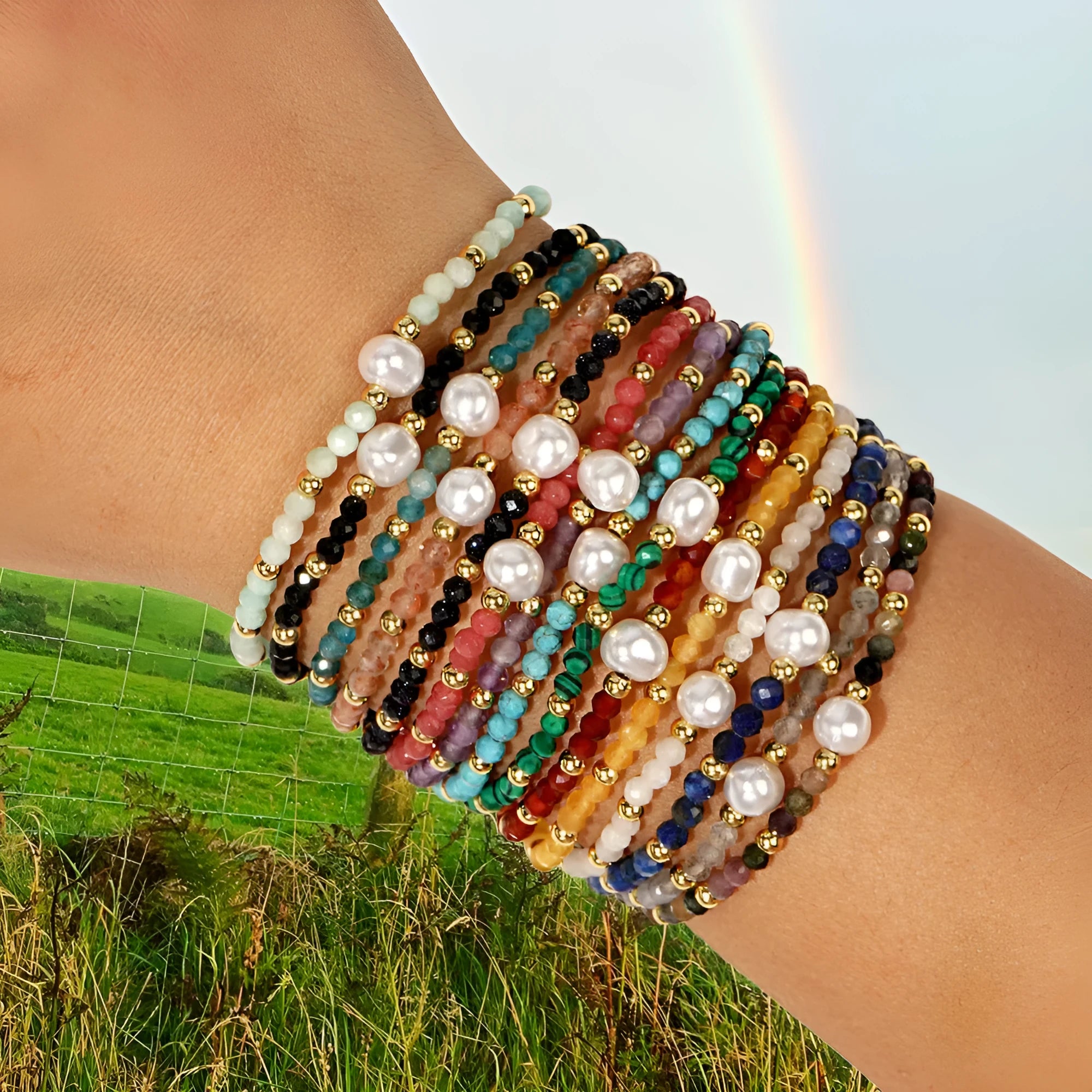 Close-up of a unisex natural stone bracelet with geometric ellipse beads on a wrist.