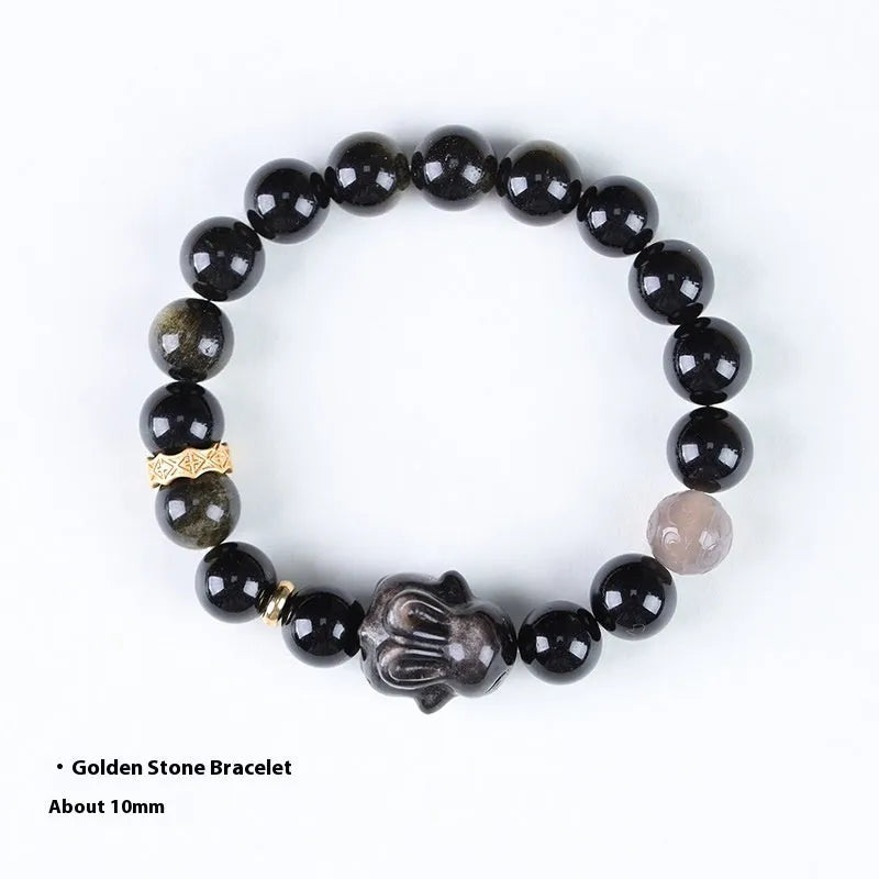 Handmade obsidian bracelet with lying rabbit charm in Jin Yaoshi and grey agate beads