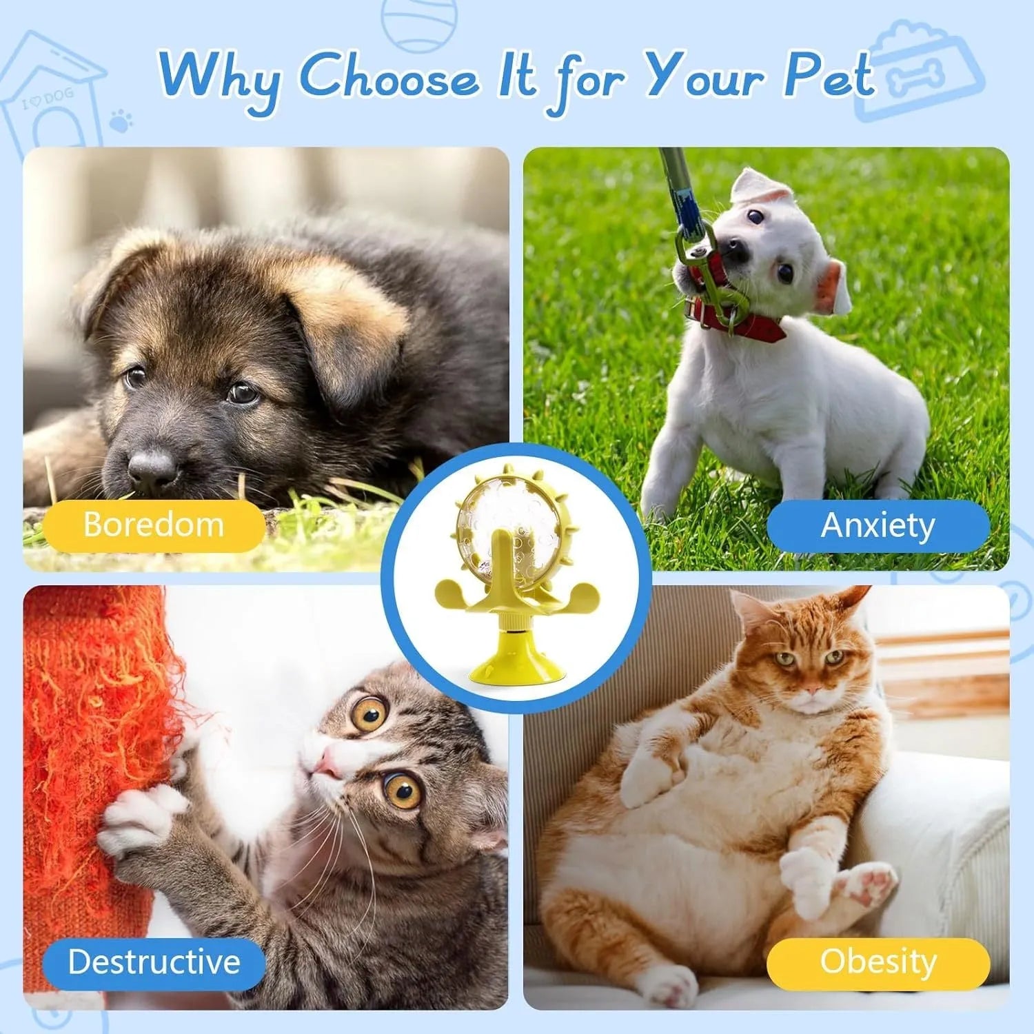 Interactive pet puzzle feeder toy with rotating food dispenser and sucker base in multiple colours