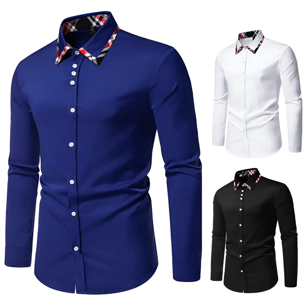 Men's blue plaid long sleeve shirt with a triangle collar and button front.