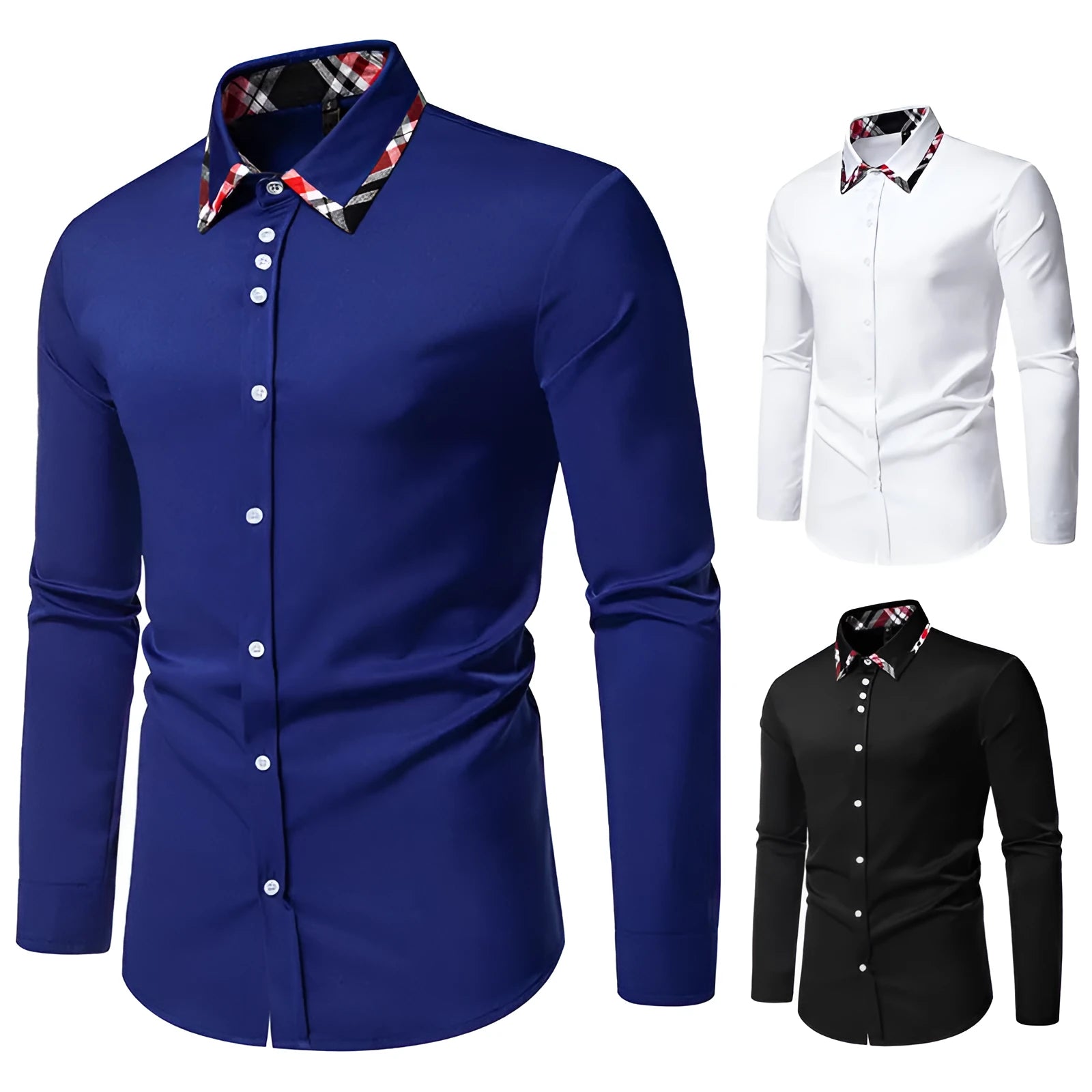 Men's blue plaid long sleeve shirt with a triangle collar and button front.