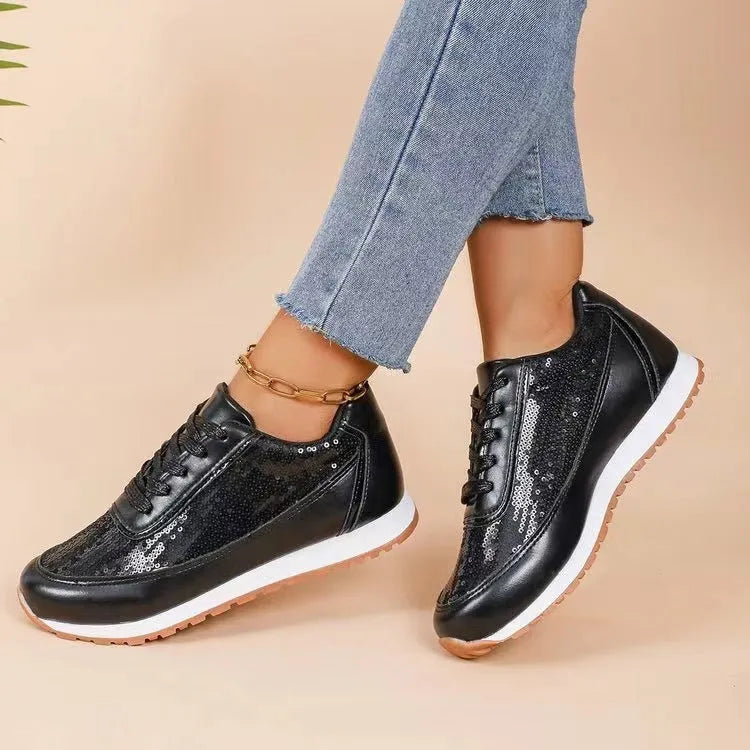 Women's black thick-soled casual sneakers with square toe design and PU leather upper