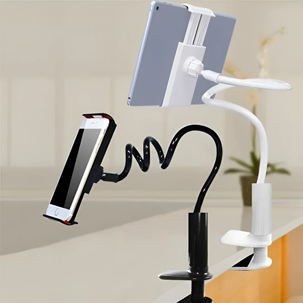 Black flexible mount holder showing adjustable bendy arm and suction base for mobile devices