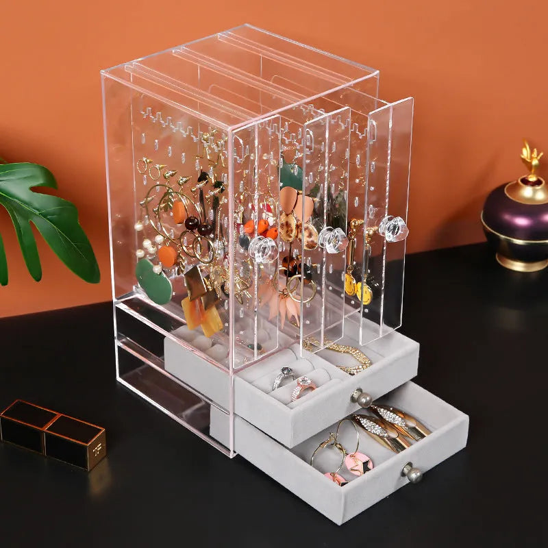 Acrylic cosmetic storage box in white plastic with clear sides, dimensions 13.5x13x24.7 cm, for makeup organisation