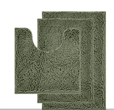 Chenille long hair three-piece bathroom mat set showing square, rectangular, and U-shaped pieces in a modern colour.