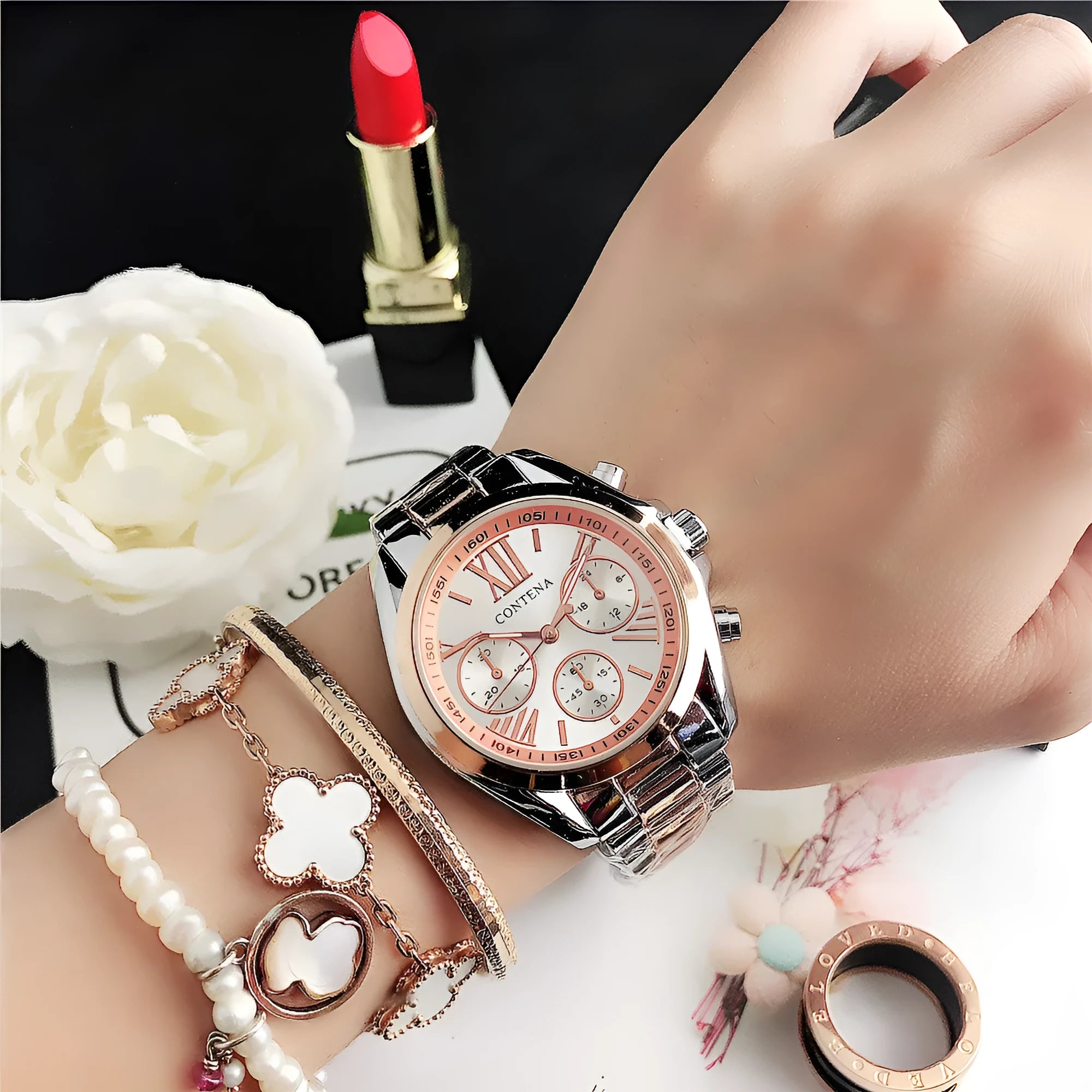 Women's silver and gold diamond quartz watch with mesh metal strap