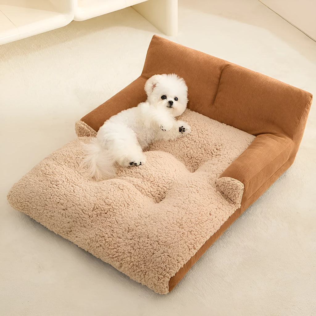 Grey and beige four-season dog kennel cushion mat shown in small, medium, and large sizes for pets.