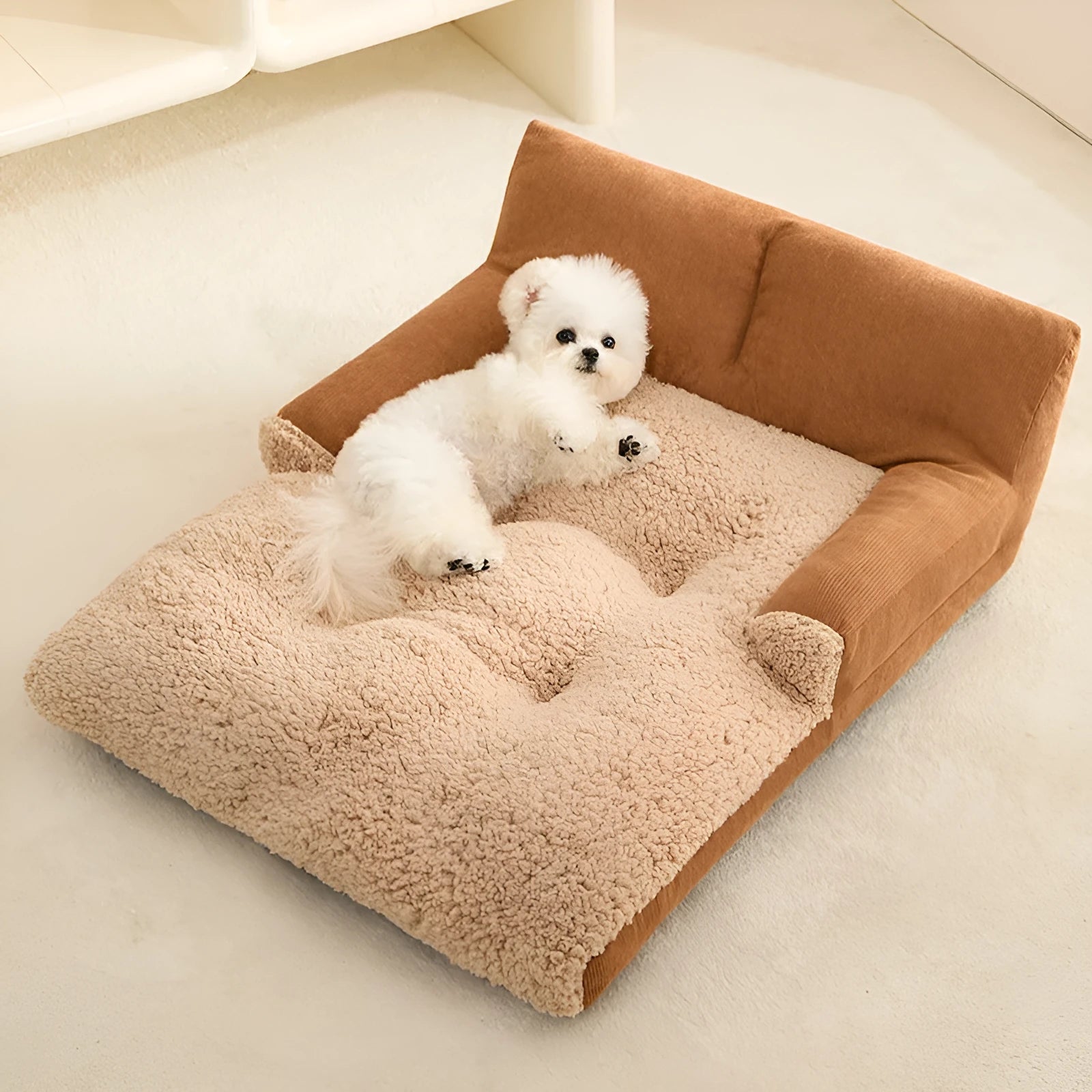 Grey and beige four-season dog kennel cushion mat shown in small, medium, and large sizes for pets.