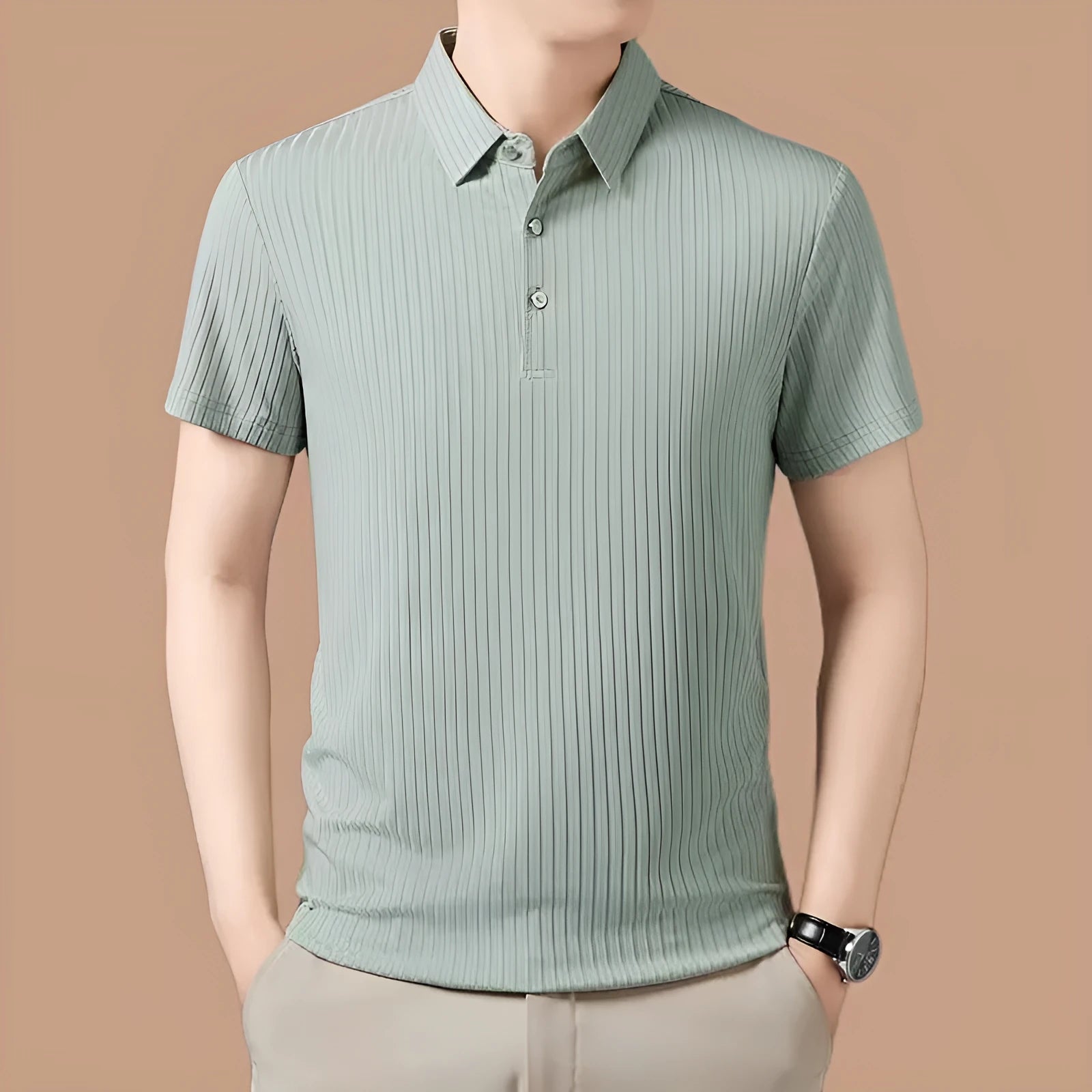 Men's ice silk cut-out lapel polo shirt with stripe pattern in light green – loose fit business casual top