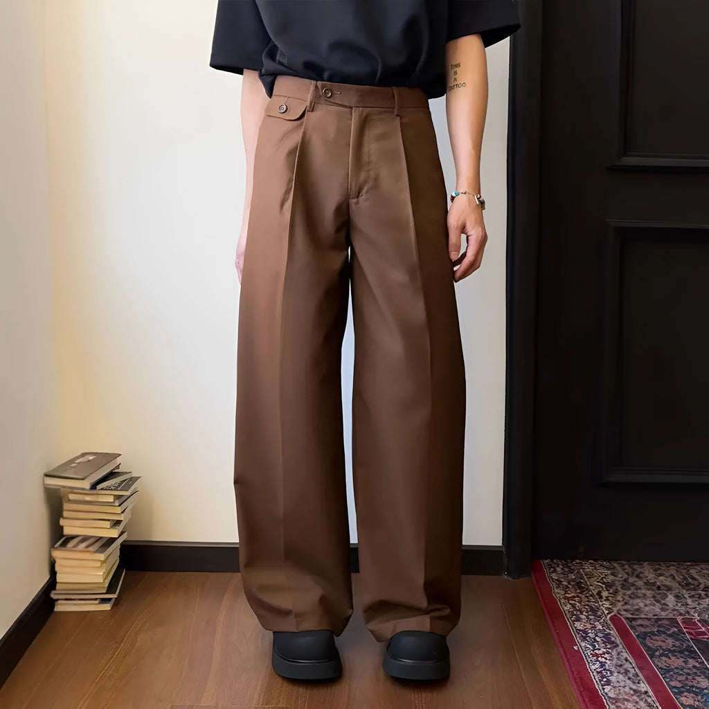 Men's straight-leg wide trousers in brown and black, showing loose fit and casual style.