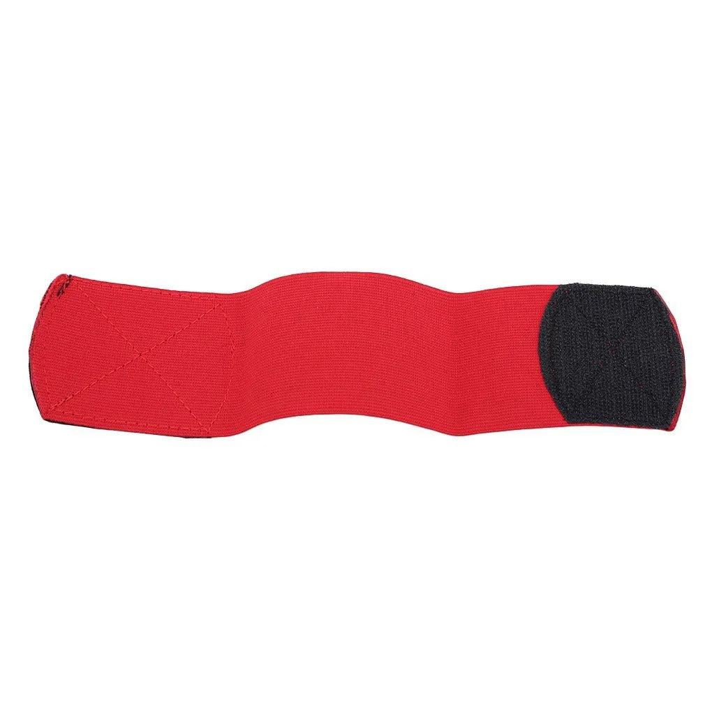 Football shin guard magic tape belt in red, blue, black, or white colours showing rubber strap measuring 25x6.5cm