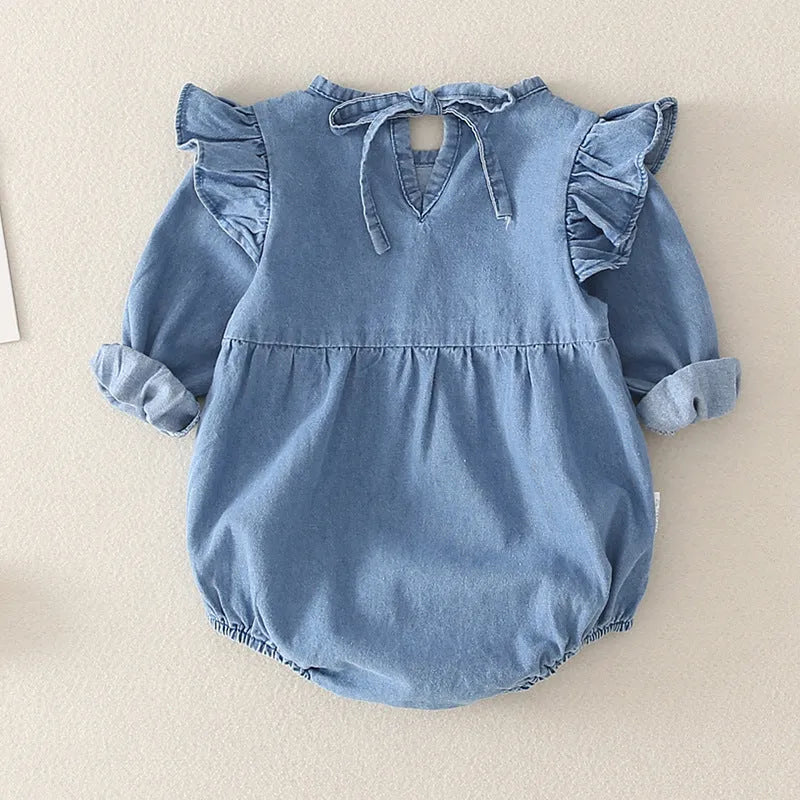 Baby girl jeans climbing suit in cotton with triangular cut for 66-90cm height