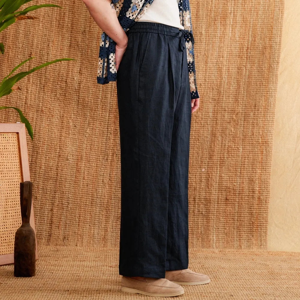 Women's linen straight-leg trousers with elastic high waist in navy blue colour