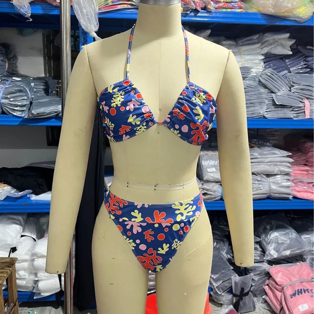 Sunbath No Sun Marks Breathable Banded Bikini Set in blue variegated, sleeveless briefs style, polyester spandex