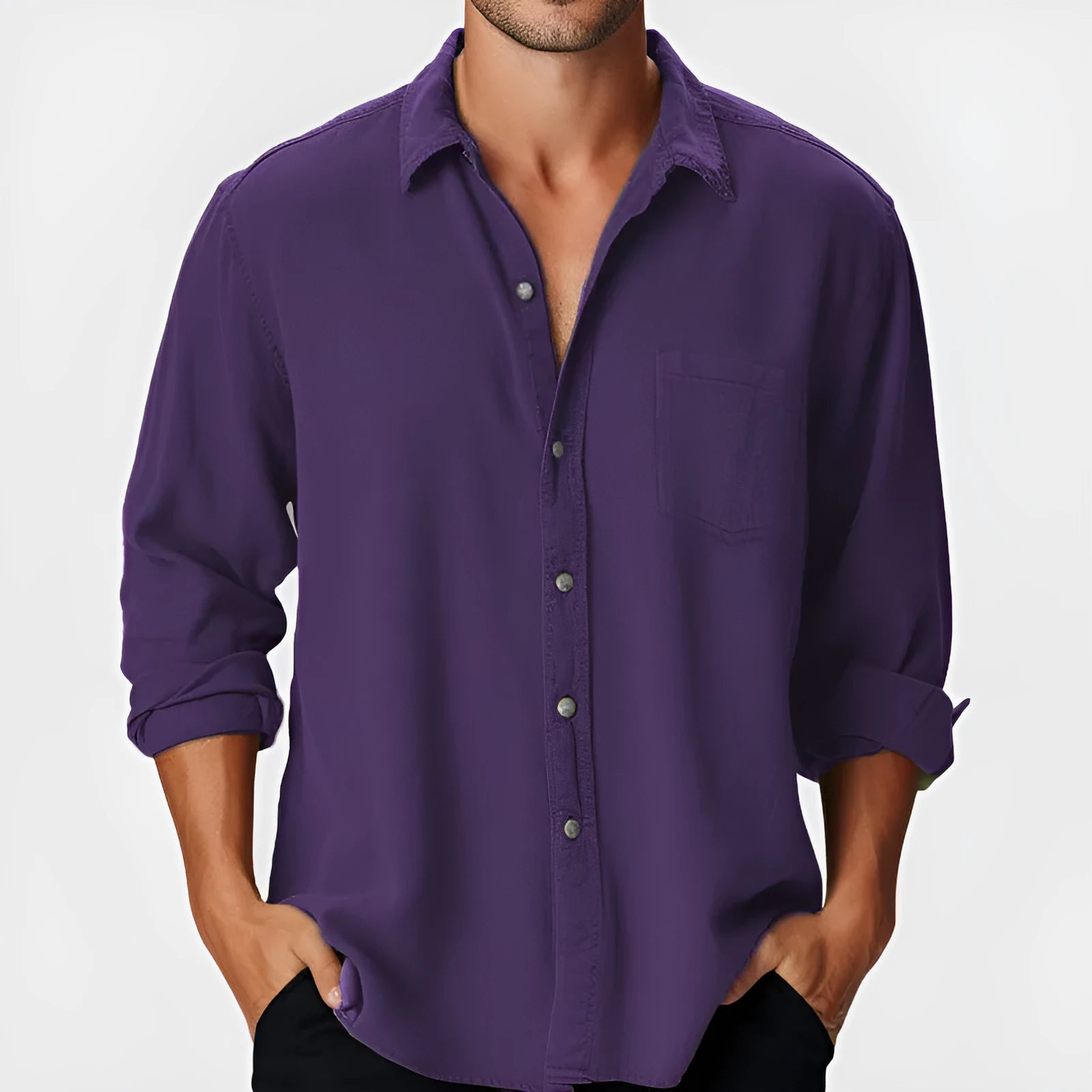 Man wearing a pure colour loose-fit polyester holiday shirt with a stand collar and long sleeves.