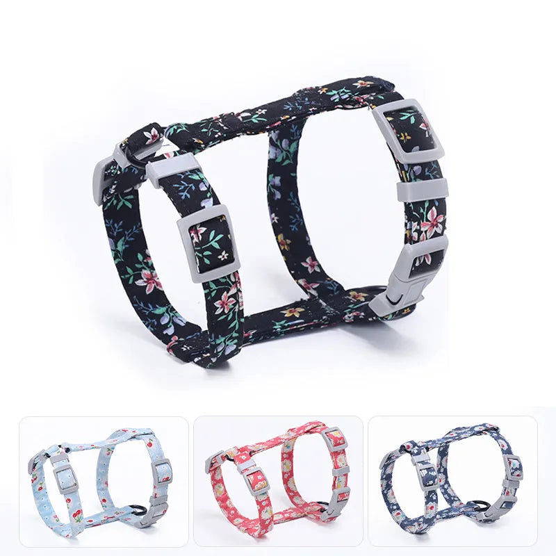 Cat I-shaped chest harness in Black with cotton rope and metal clip on white background