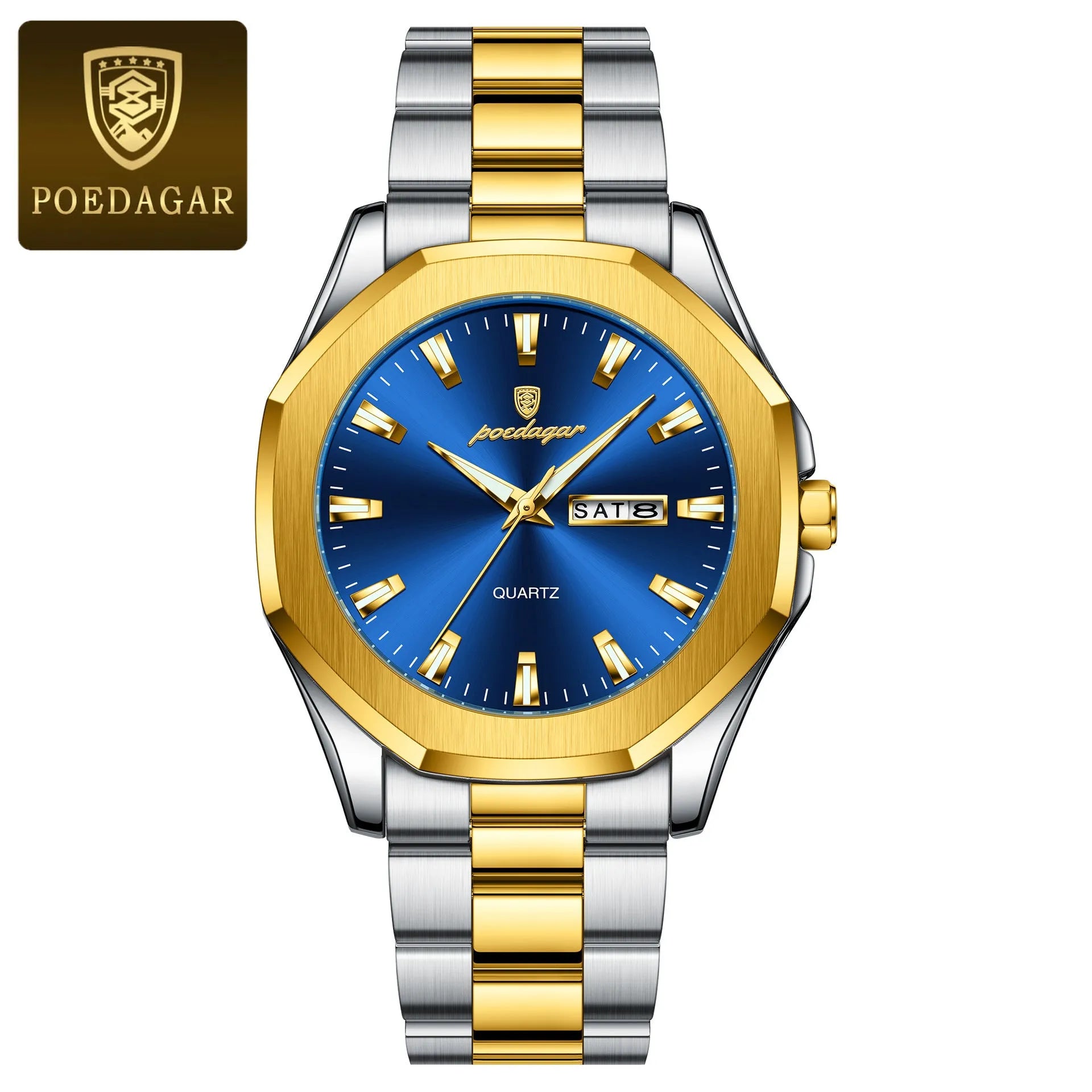 Men's steel strap quartz watch with 9mm case in gold and blue colour combination