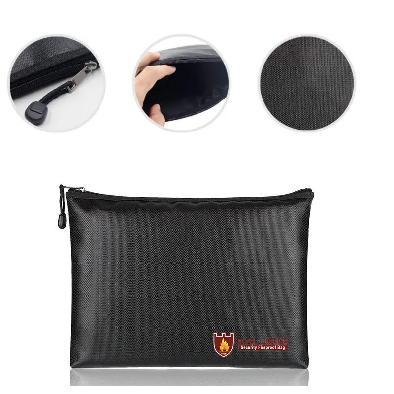 Black fire-proof contract document storage bag shown in small, medium, and large sizes.