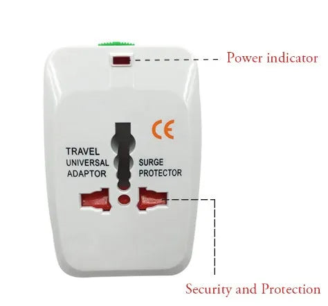 Universal travel plug adapter for international use measuring 73x50x39mm with multi-country compatibility