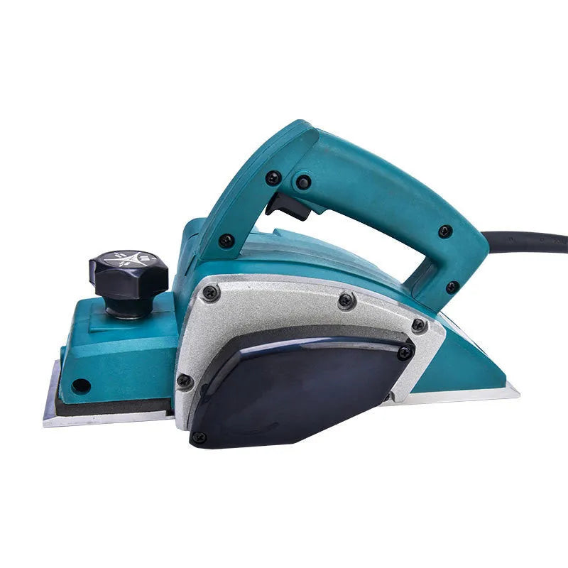Red desktop electric wood planer with aluminium body, showing 82mm planing width and depth adjustment controls