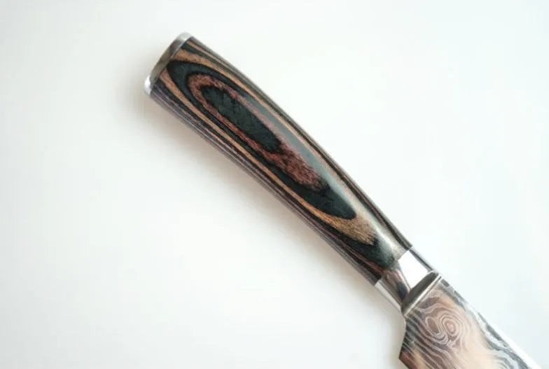 7Cr17 stainless steel kitchen knife with laser Damascus pattern blade and coloured wood handle
