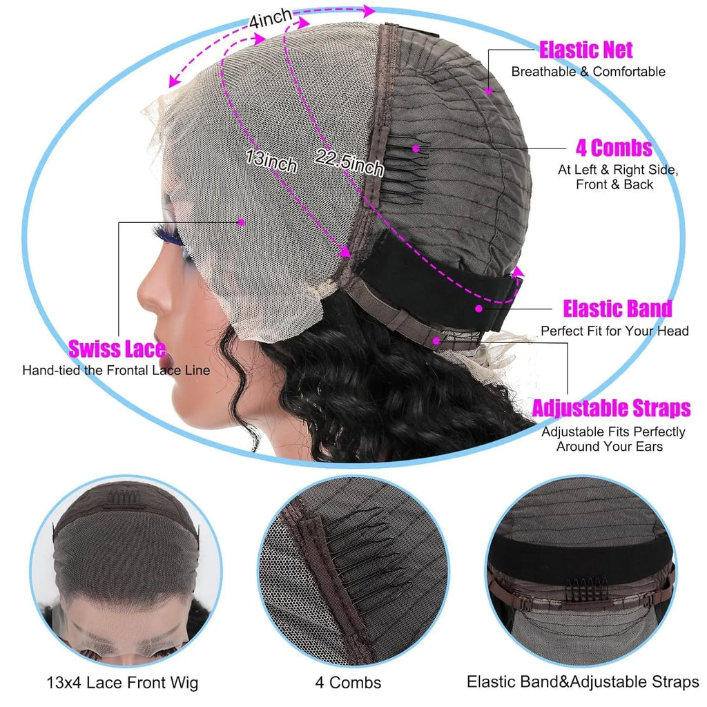 Front lace deep wave human hair wig for ladies hand-woven natural look length options 20 to 85cm