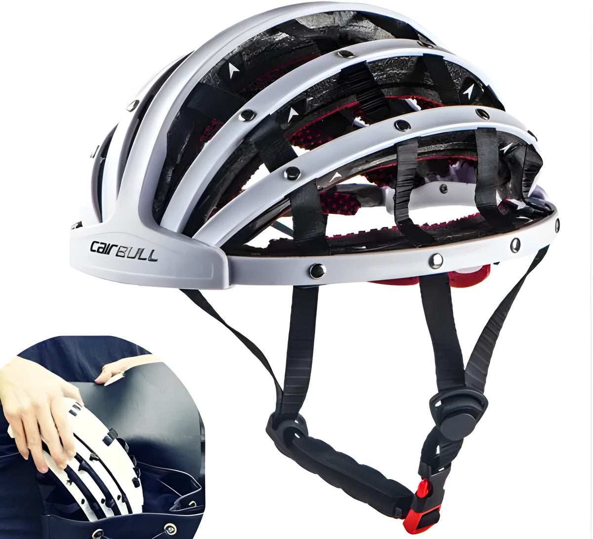 Foldio foldable bike helmet in black, folded view, multi-impact EPP liner and ABS shell, 56-62cm size