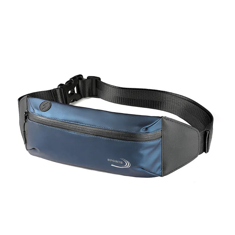 Men's solid-colour waterproof sports waist bag in Derm Oxford polyester, shown in blue, black, or grey