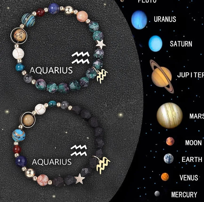 Natural stone beaded bracelet set showing zodiac sign designs on adjustable elastic cord