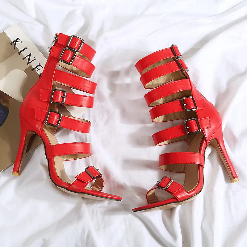 High tube women's sandals with belt buckle and block heel in black, pink and red, UK sizes 32 to 46