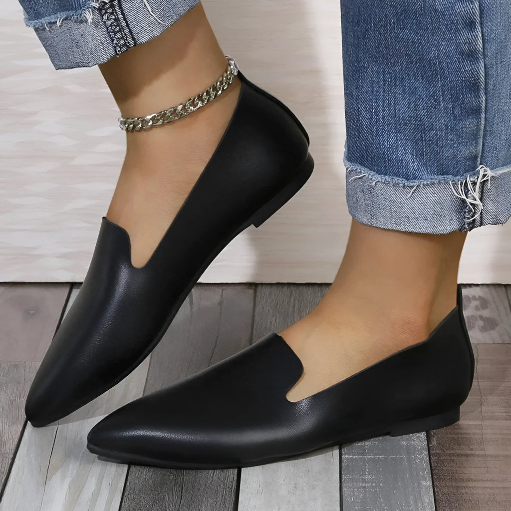 Women's low-heel flat bottom pumps in solid colour, pointed toe, available in white and black sizes 36-45