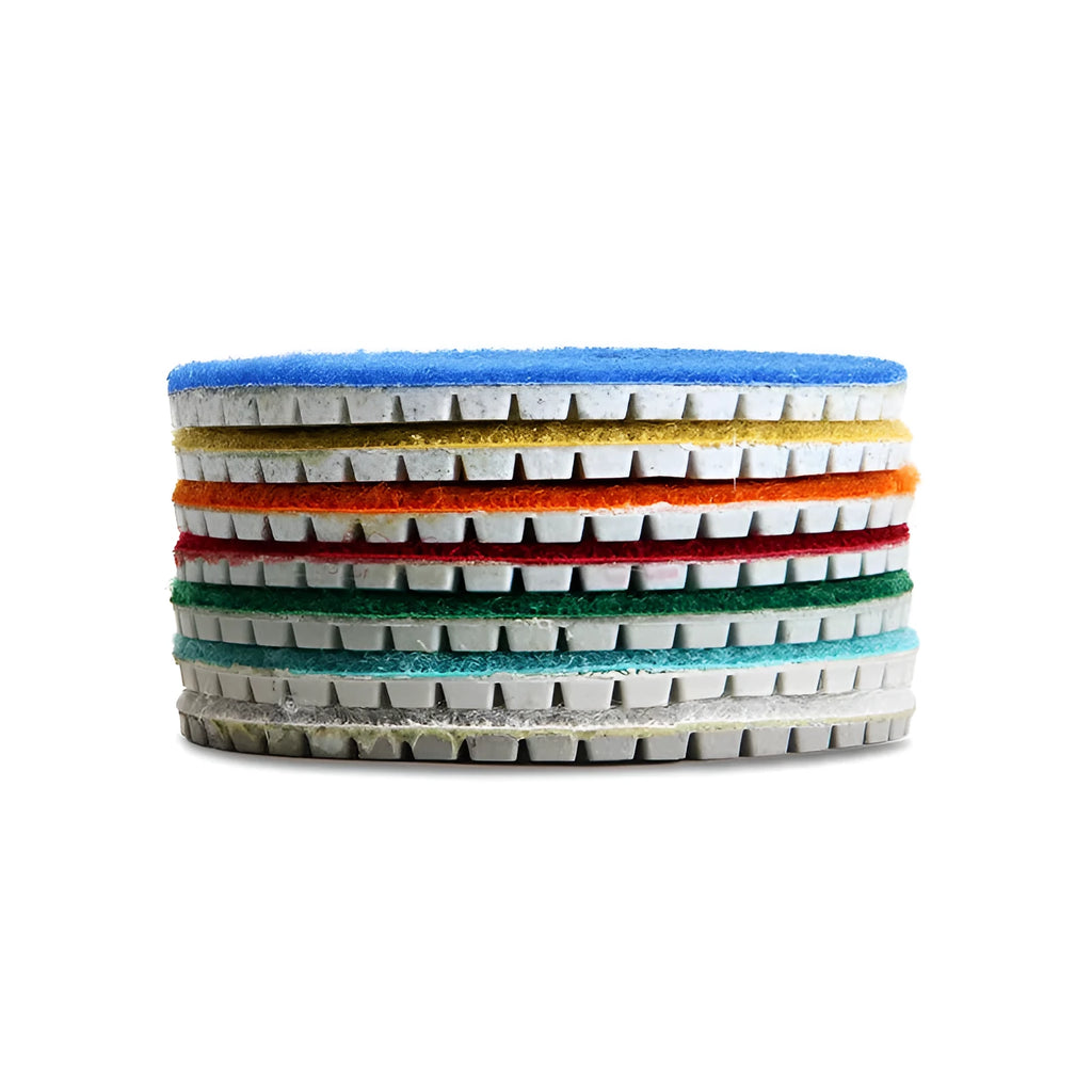 Set of 10 stone polishing pads with diamond emery abrasive, ranging from 50 to 3000 grit.