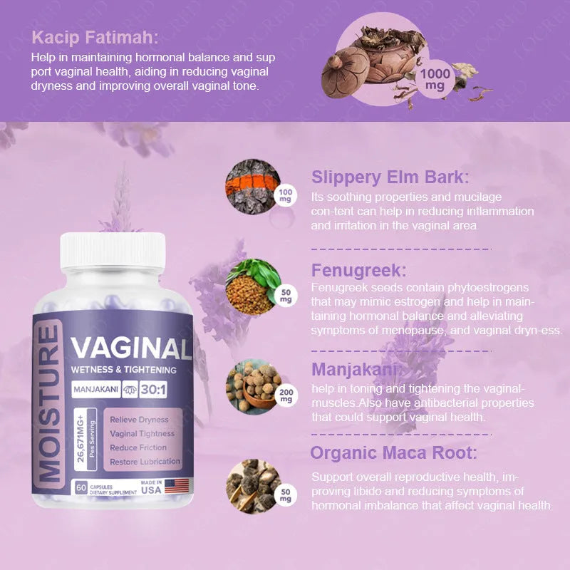 Bottle containing 60 vaginal capsules for adult female intimate health supplement