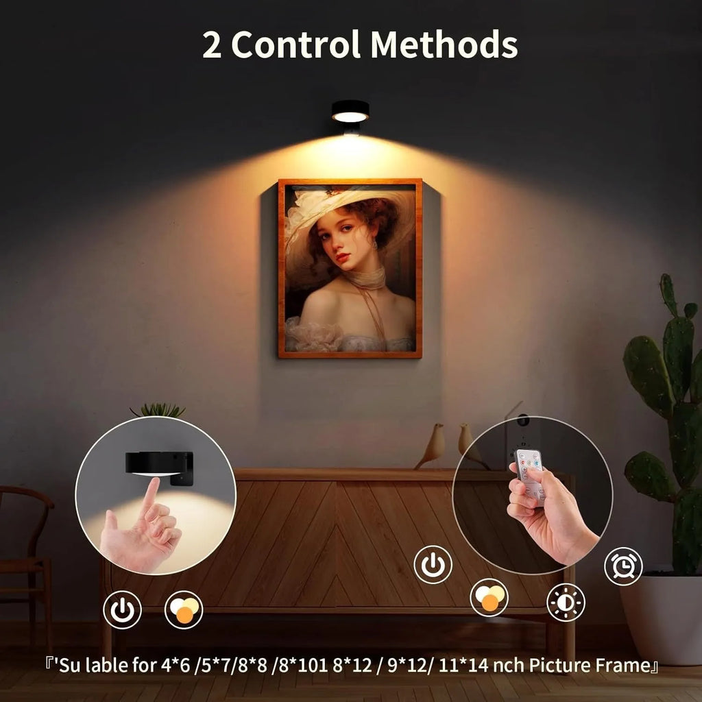 Wireless magnetic LED painting lamp with remote control in black, white or gold, showing multiple light configurations and RGB colour options