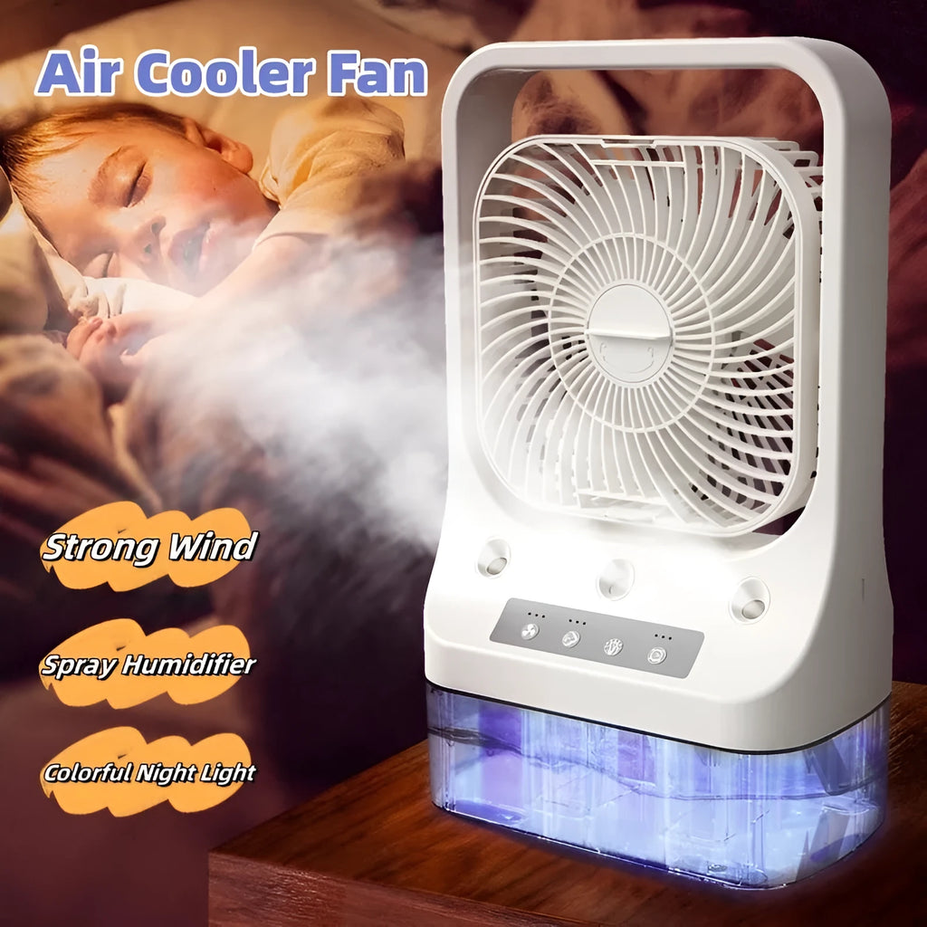 White USB rechargeable air cooler fan with water tank and adjustable head on table