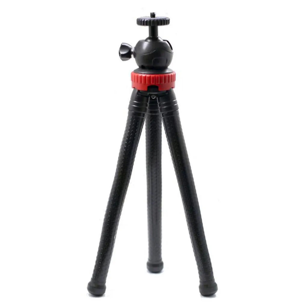 Black octopus tripod with eight flexible rubber legs and a spherical gimbal head for mounting cameras and phones.