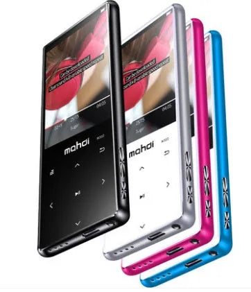 Silver portable MP3 player with a 2.4-inch touch screen showing music playback interface.