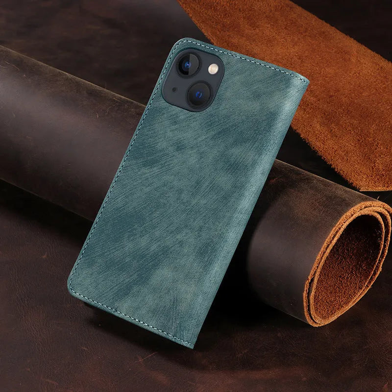 Magnetic flip phone case for iPhone in a solid colour, showing TPU frame and leather cover.