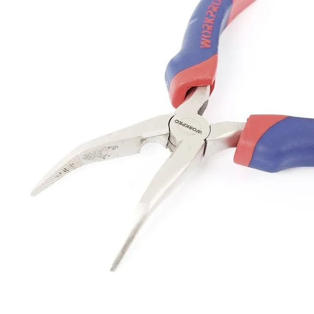 Blue handled curved nose pliers with double-colour plastic sleeves for electronics and craft work.